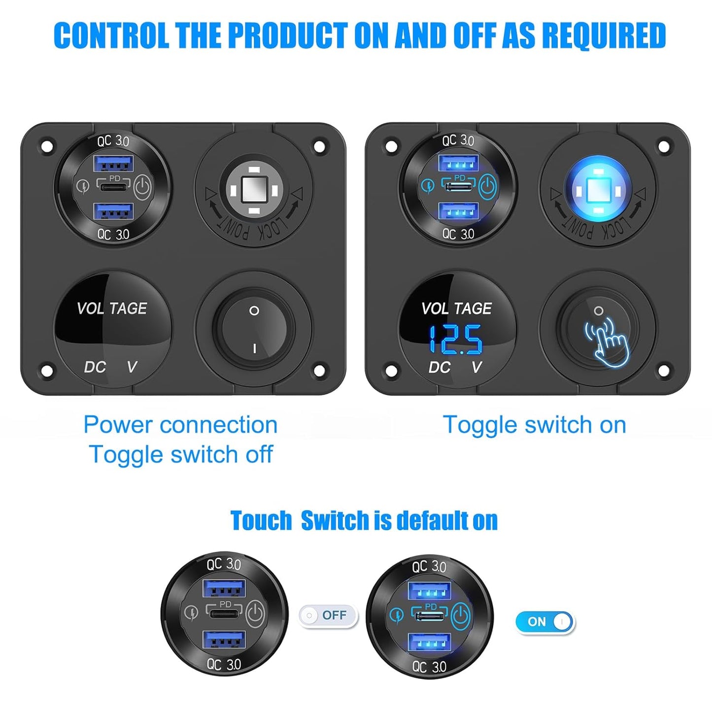 12 12V PD30W QC18W 150W 4 1 Volt USB Outlet RV Accessory Marine Switch Panel, Dual and Car USB Port Aluminum Charger