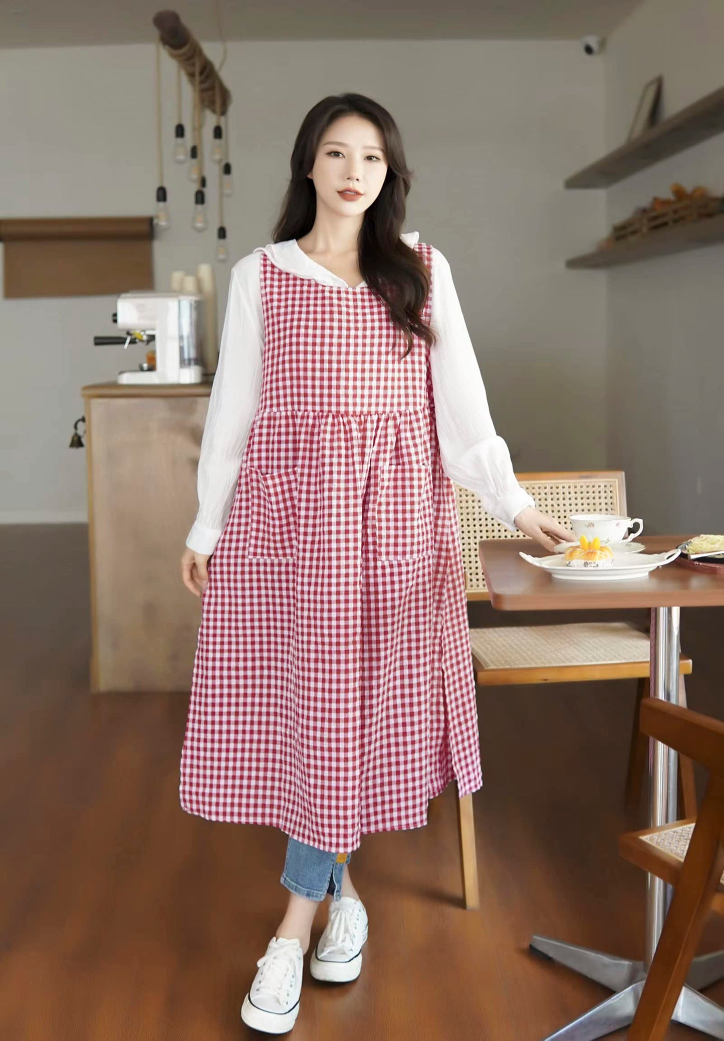 TALIBSA Plaid Apron Dress，Japanese Cotton Linen Cross Back Apron for Women with Pockets，Pinafore Dress with Waist Ties (Red Plaid)