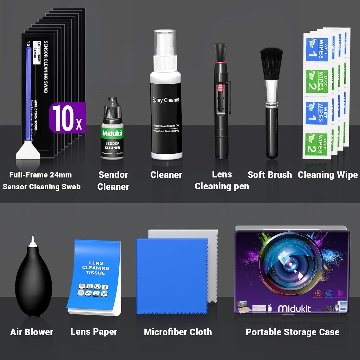 Midukit 10x Updated Camera Lens and Sensor Cleaning Kit for Full Frame DSLR - Swabs, Cleaner, and Essentials for Canon