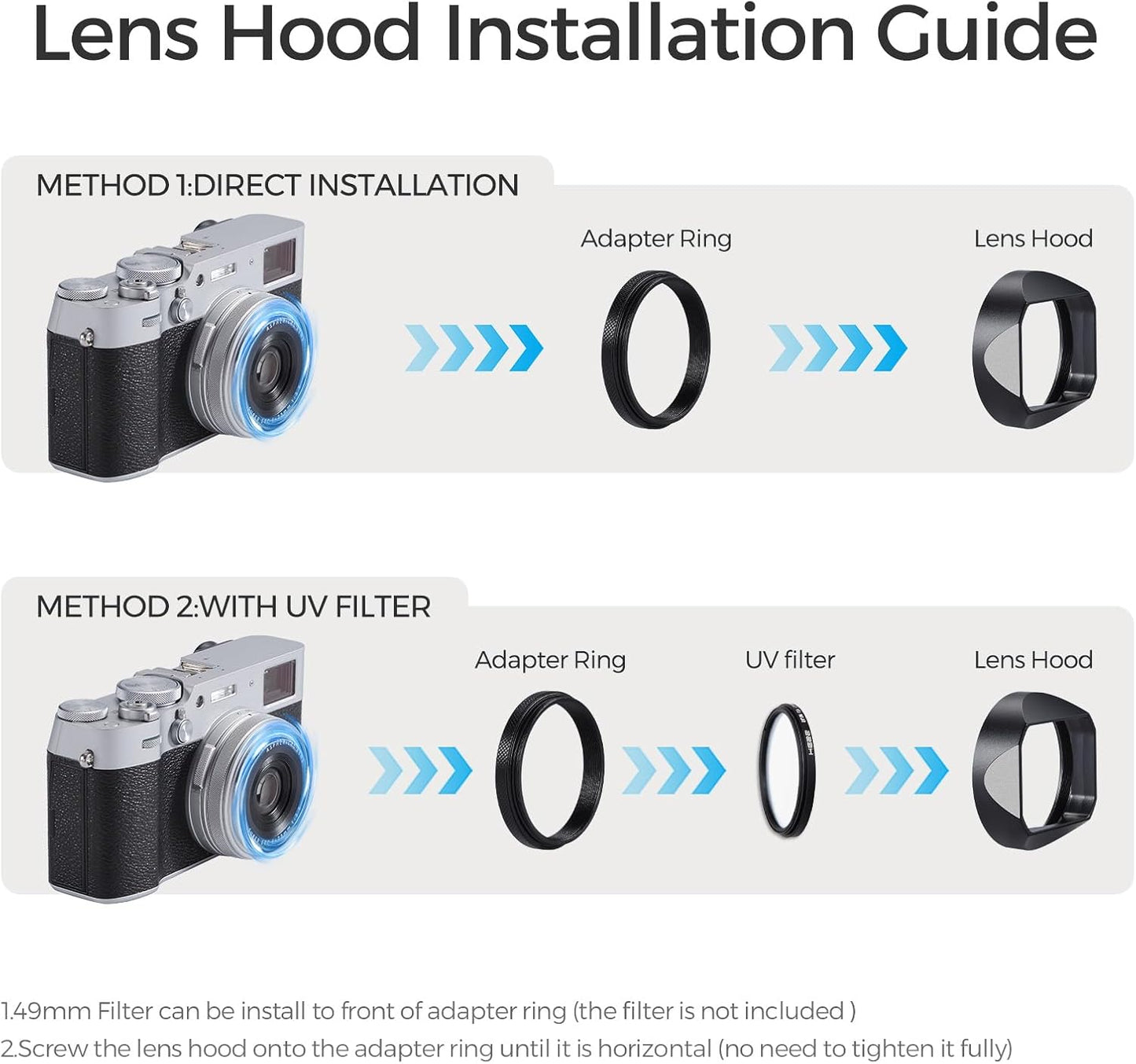 49mm X100V/X100VI Metal Square Lens Hood (with Cover) with UV Filter Adapter Ring Compatible with for Fujifilm