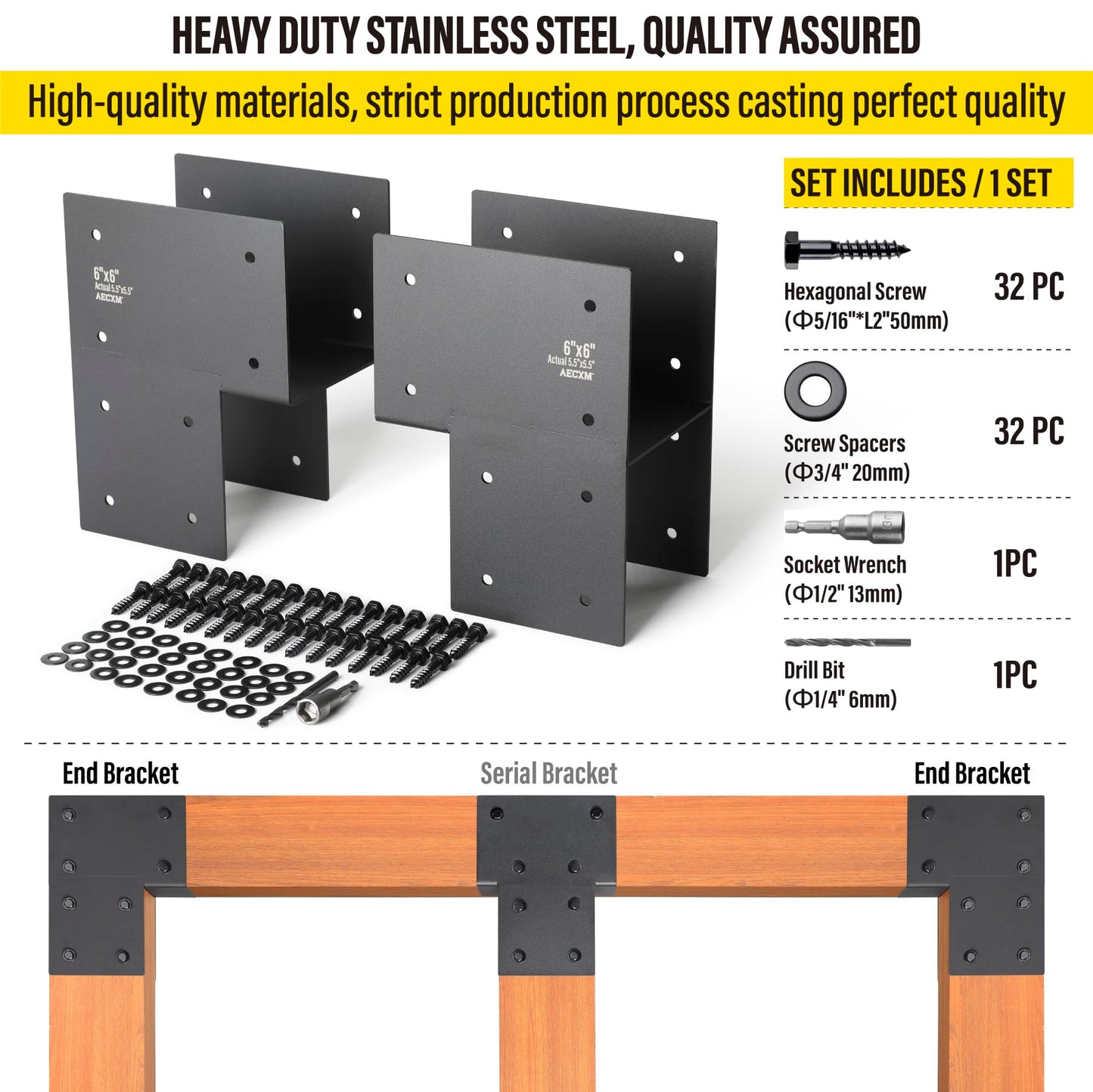 Aecxm 6"x6" (Actual 5.5"x5.5") Heavy Duty End Post Caps Tie Brackets for Wood, Deck Post to Beam Connector Bracket Stainless Steel 4Pack