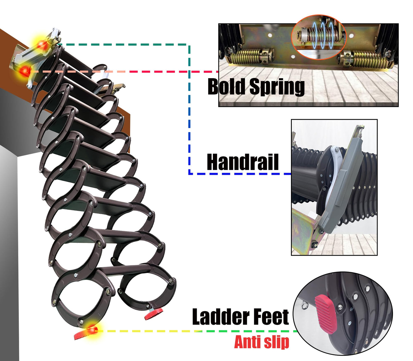 IntXanth Attic Loft Ladder-Foldable Attic Stairs Wall Mounted, 10+2 Steps, Pull Down Ladders 8.2-9.8 FT, Aluminum Attic Ladder with Armrests, Wall Telescopic Scissor Ladders Chocolate