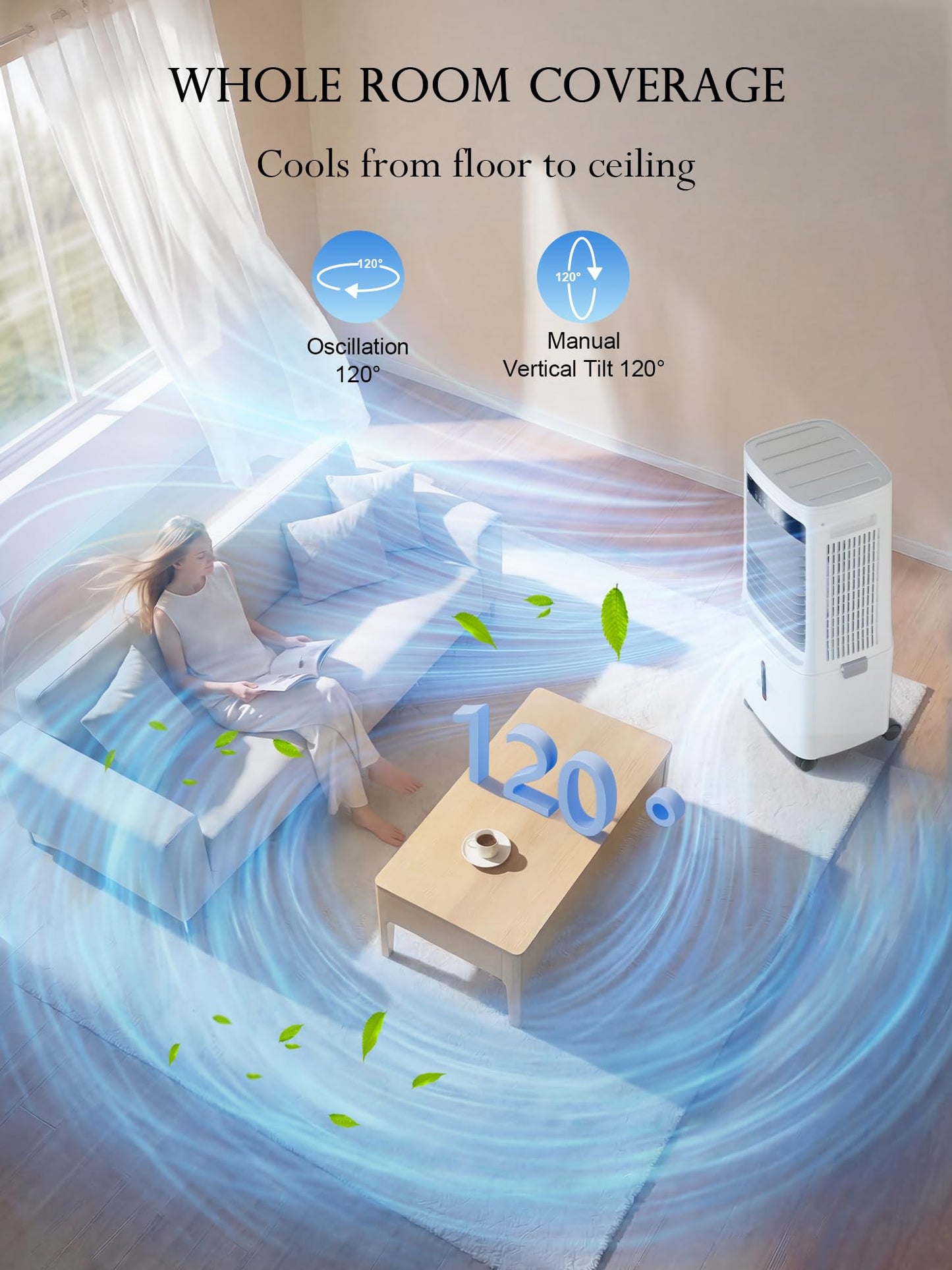 Uthfy 2200CFM Swamp Cooler Air Conditioner, Evaporative Cooler with Dual Water Tanks for 24H Cooling, 120° Oscillating, Ambient Light, 7 GAL Detachable Water Tank, 12H Timer, Portable AC for Bedroom