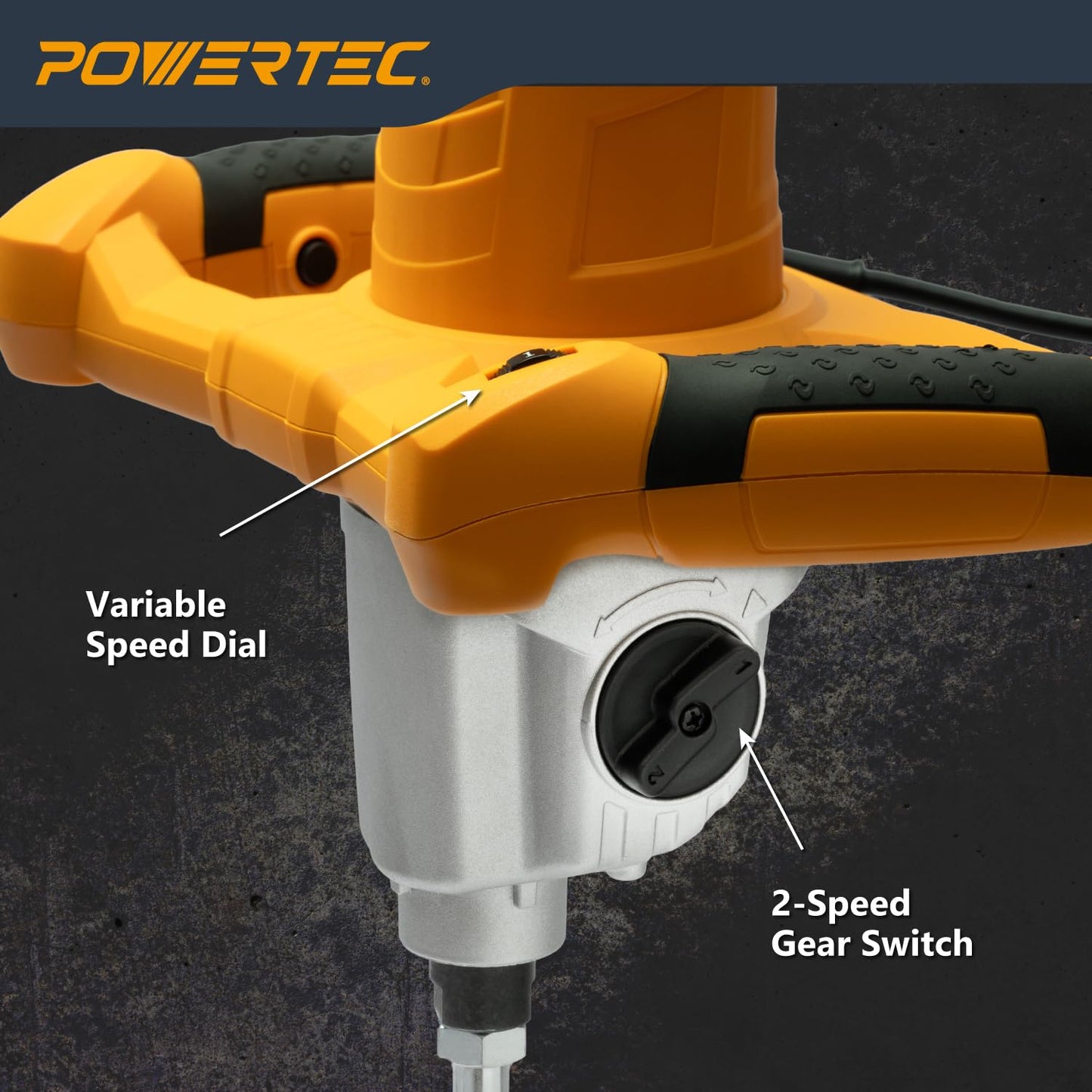 POWERTEC Electric Mortar Mixer – 13AMP/1600W Dual Handheld Cement Mixer with 2-Speed Control, 3-Blade Spiral Paddle & Accessories – Ideal for Mortar, Concrete, Epoxy & Paint (MR1680)