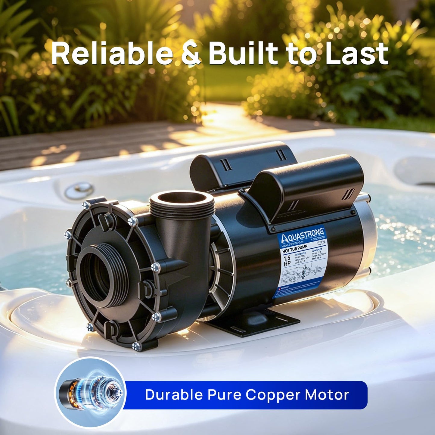 Aquastrong SPA Pump, Dual Speed Hot Tub Pump, Pure Copper Motor, Low Noise, Easy Installation with 1.5" & 2" Adapters, 90° Rotating Inlet & Outlet, Compatible with Hot Tubs & Spa Systems, Black