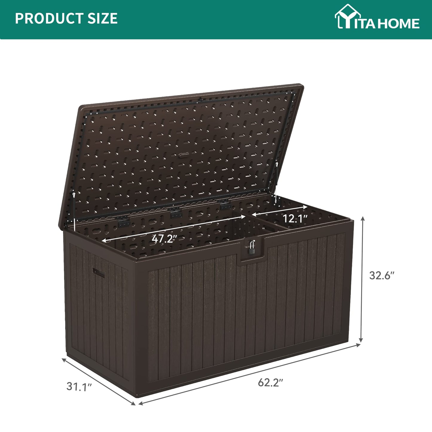 YITAHOME 260 Gallon Large Deck Box with Divider & Side Handles, Outdoor Double-Wall Storage for Patio Furniture Cushions, Garden Pool Accessories, Waterproof & Lockable