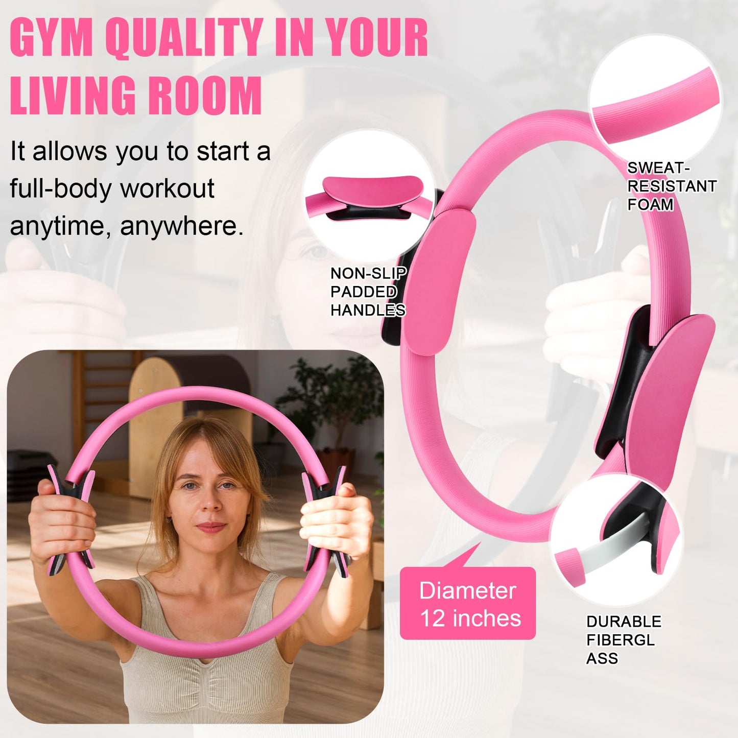 Silipull 10 Pcs Pilates Ring Blocks Set for Women Home Yoga Equipment Accessories Pilates Ring Circle and Ball Workouts Gift Include Ball Yoga Circle Resistance Bands Block Straps Gym Bag(Pink)