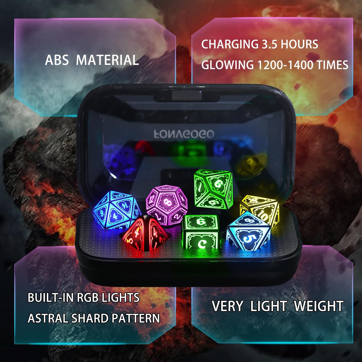 FONVGOGO Wireless Light Up Dice Set D and D RGB for Dungeons and Dragons,Cool LED DND Dice with Charging Box Rechargeable 7 Color Polyhedral Role Playing Dice for DND Gifts RPG(Astral Shard Black)