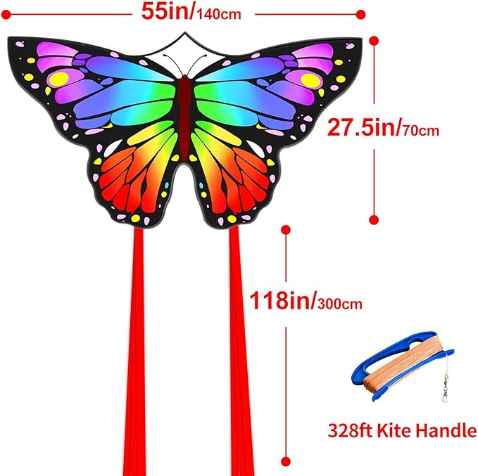 Butterfly Kites for Kids and Adults, Easy to Fly Large Single Line Kite for Boys and Girls - 55" x 28" Beach Kite for Beginners, 300ft String Handle Included