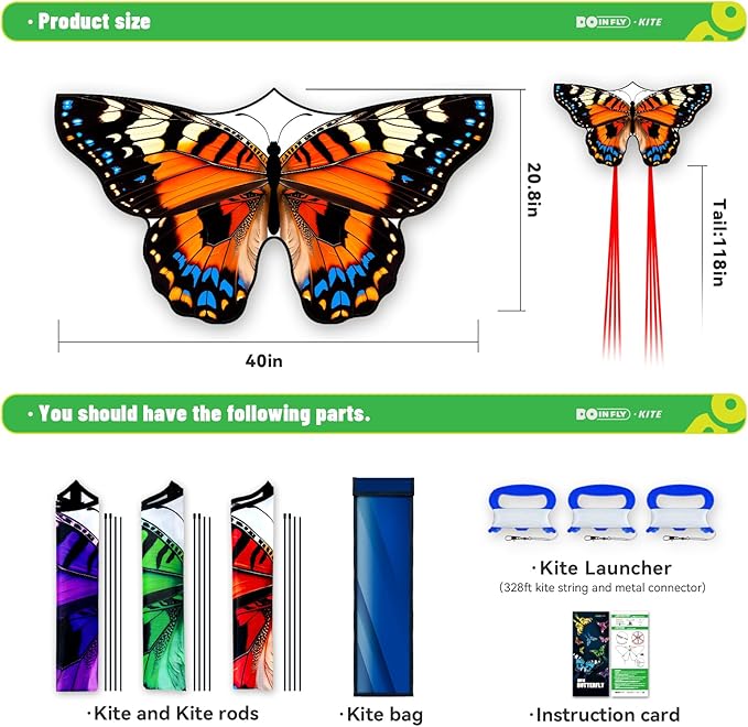 Butterflys for Kids, Beautiful Kite Easy to Fly for Beginners with 328 ft Line & Line Winder (1m-Tiger Spotted Butterfly-(Green+Orange+Purple), 3)