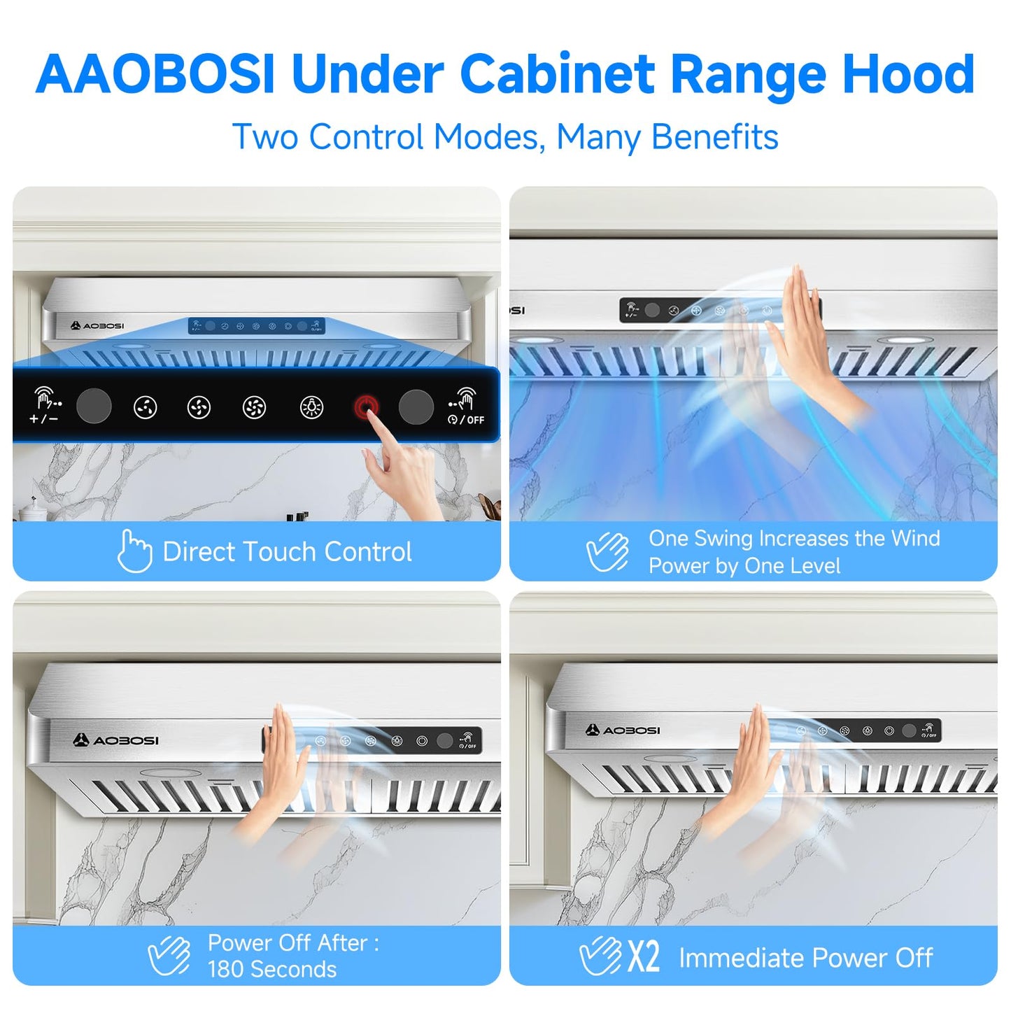 AAOBOSI 30 Inch Under Cabinet Range Hood, 800 CFM Stainless Steel Kitchen Vent Hood with Gesture Sensing, Touch Control, 3-Speed Exhaust Fan, LED Lights, Ducted Range Hood