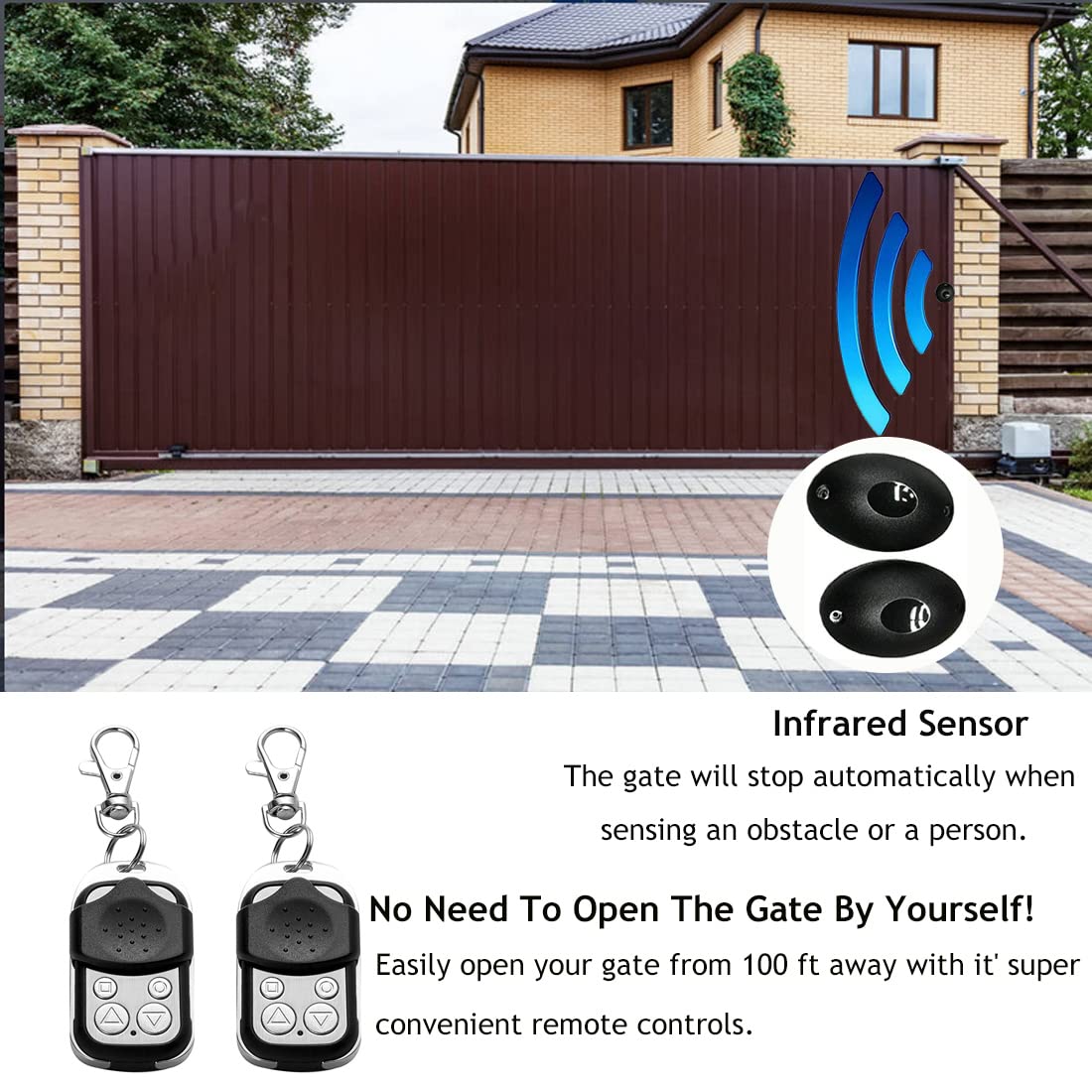 YILIKISS Automatic Sliding Gate Opener Kit Rack Driven Sliding Gate Motor with Remote Controls and Infrared Sensor Electric Gate Operator Complete Kit for Slide Gates Up to 1800 Pounds