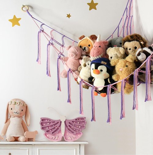 Mirolam Large Stuffed Animal Hammock - Corner Net Toy Storage Organizer for Girls' Room | Pink & Purple Boho Decor