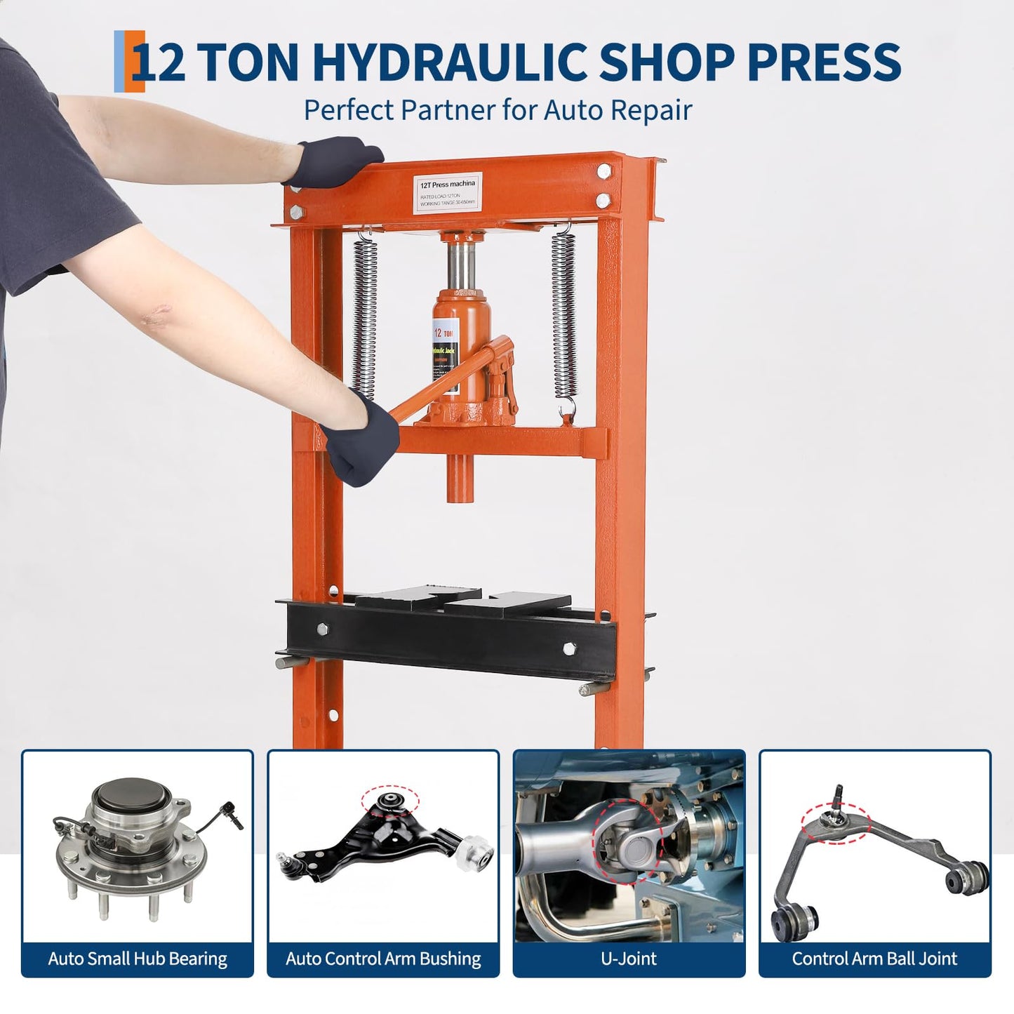 Hydraulic Press 12 Ton Hydraulic Shop Press H-Frame Garage Floor Adjustable Shop Press with 2 Plates Adjustable Working Table Height, Orange