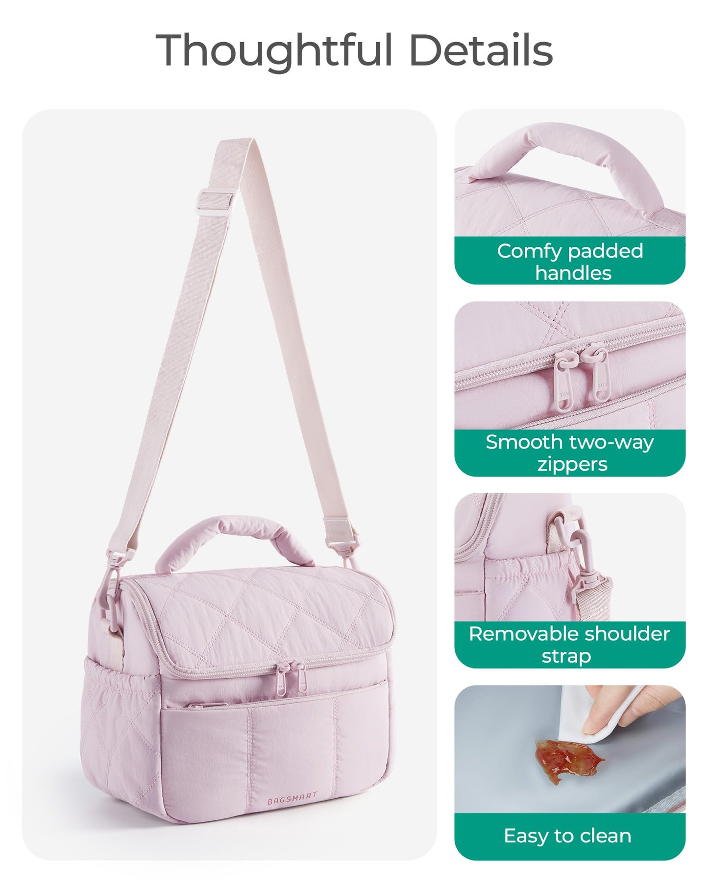 BAGSMART Insulated Lunch Bags for Women, Cute Quilted Lunch Box, Lightweight Puffy Padded Waterproof Lunch Tote, Reusable Lunch Cooler for Work Picnic Travel, Pink