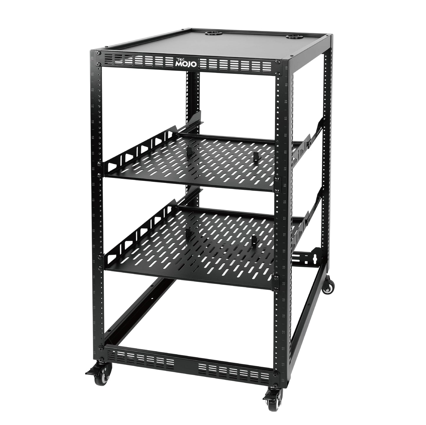 TECMOJO 20U Open Frame Network Rack for IT & AV Gear, 4-Post With Casters, Mobile With 2 PCS 1U Server Shelf & Mounting Hardware, for 19" Network, Audio and Video Device