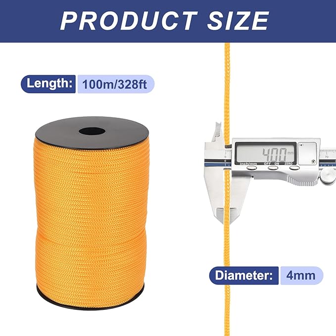 MECCANIXITY 5/32 Inch Polypropylene Rope Braided Ropes, 328ft Camping Rope Hollow Utility Cord for Clothesline, Hiking, Outdoor, Light Yellow