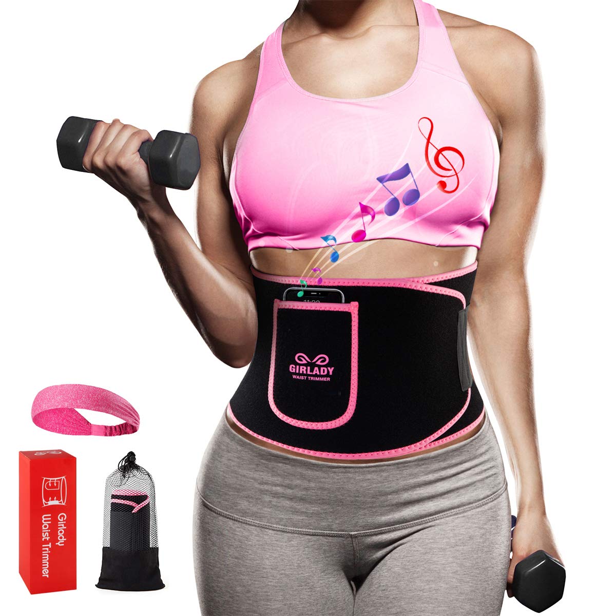 GIRLADY Stomach Sweat Band for Women - Sweat Waist Trimmer Belt Workout Waist Trainer Neoprene ab Wrap with Pocket Pink, Large