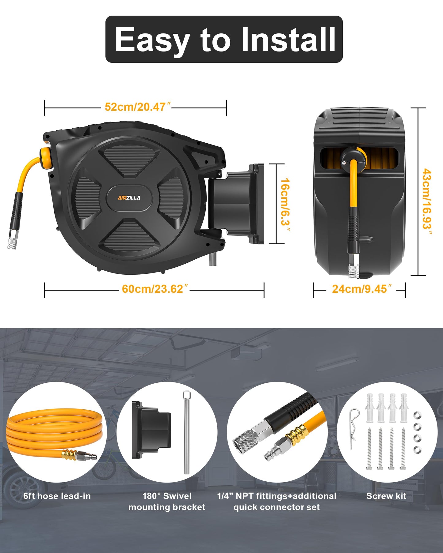 Retractable Air Hose Reel, 3/8" x 100Ft Flex Hybrid Air Hose Max 300PSI Kink-resistant Air Compressor Hose Reel Auto Rewind with 6Ft Lead in, Quick Connect, 180° Swivel Mounting Kit.