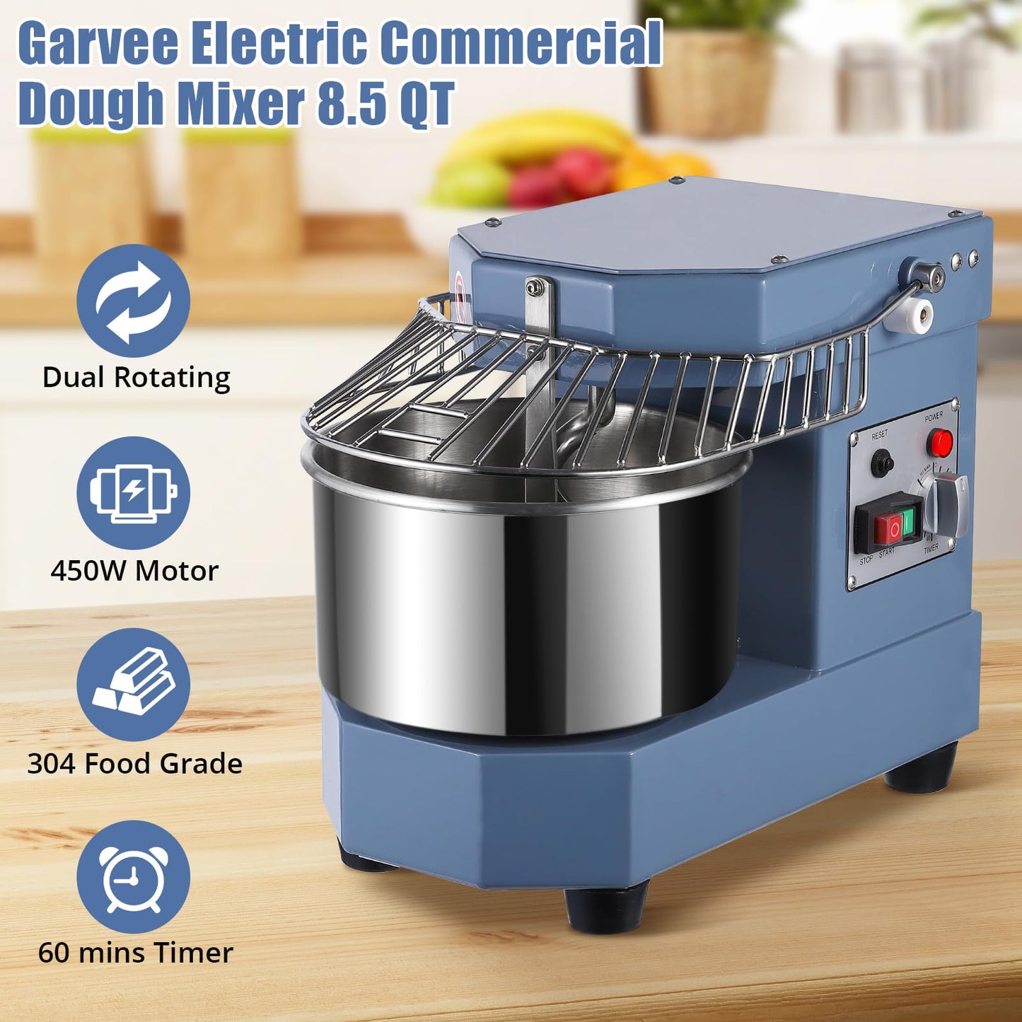 Commercial Dough Mixer 8.5QT with Timer Function, 450W Commercial Food Mixer Dual Rotating Dough Kneading Machine with Food-grade Stainless Steel Bowl, Security Shield