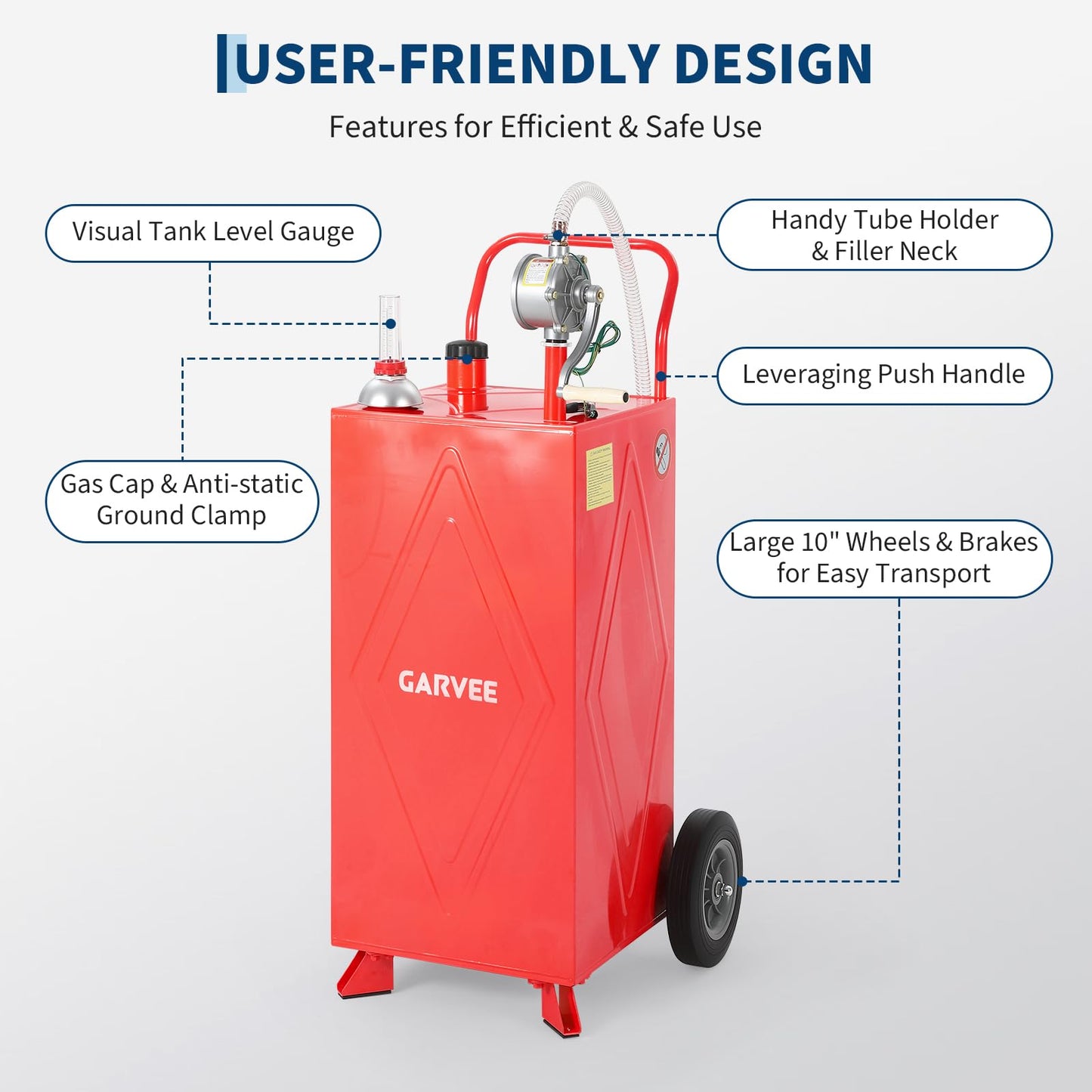 35 Gallon Fuel Gas Caddy Storage Tank, Portable Gas Caddy with Wheels, Manual Hand Crank Transfer Pump, Fuel Hose, Wide Fill Neck, Level Gauge, Mobile Gasoline Diesel Fuel Transfer Tank for ATV, Lawn Mower, Tractor, Car, Boat, Equipment