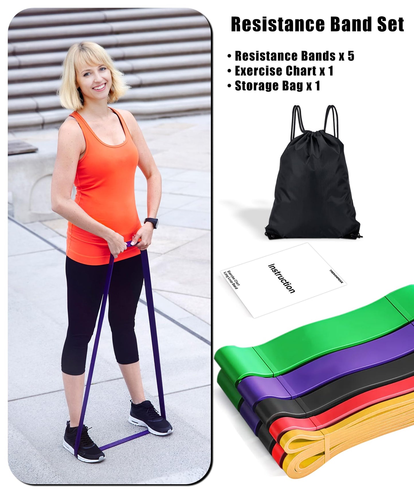 TREKONPEAK Resistance Bands for Working Out, 5-Levels Exercise Band Set, Pull Up Assistance Bands-Strength Training Physical Therapy Stretching Women Men Home Gym