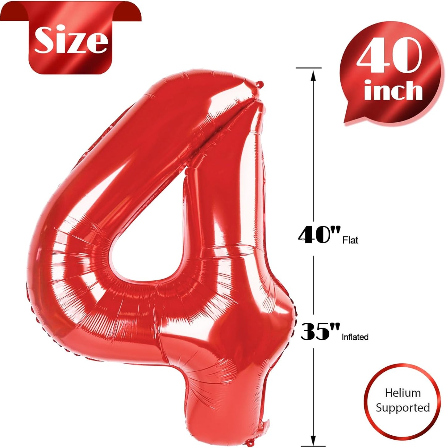 Red Number 4 Balloon - 40 Inch Giant Foil Balloon for 4th Birthday Party Decorations