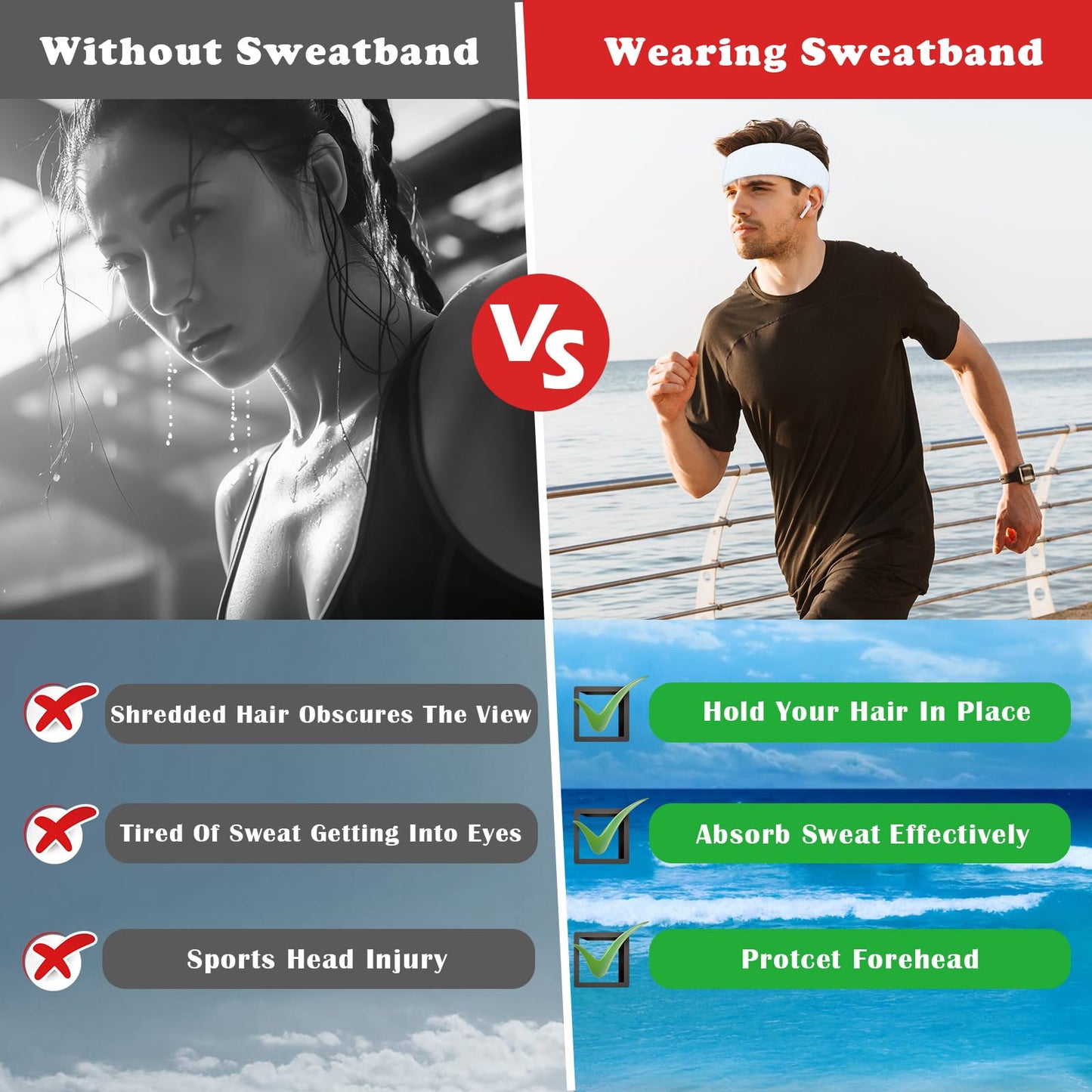 Pejnl Sweatbands Sports Headbands for Men & Women - 3 Pack Moisture Wicking Cotton Headband for Tennis, Basketball, Running, Gym - Sweat Band