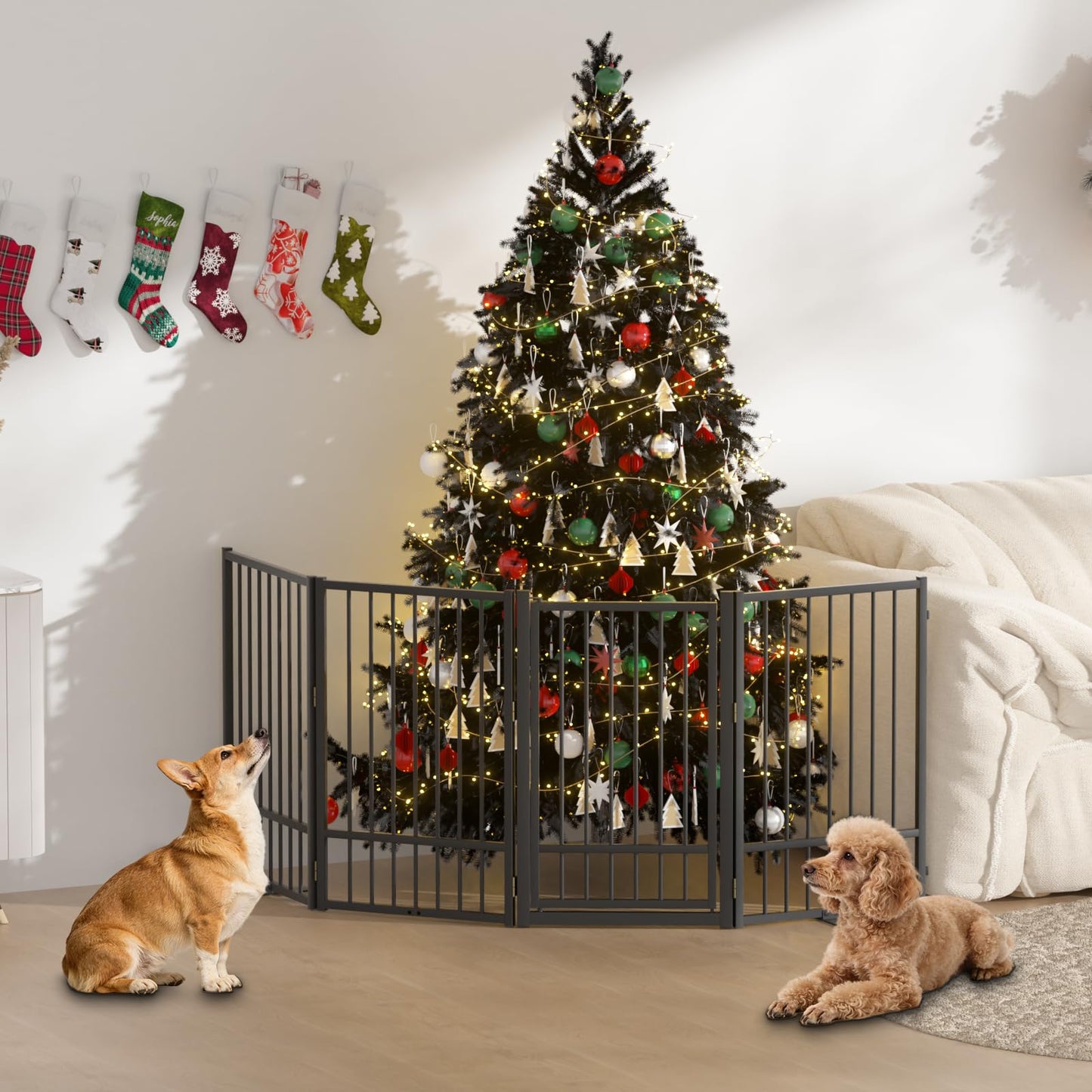 SNUOWU Full Metal Freestanding Dog Gate with Door, 32''Height Foldable Pet Dog Fence for Indoor & Outdoor, 4 Panels Extra Wide Free Standing TallDog Gates for Doorways,House,Stairs,Porch,Deck,Yard