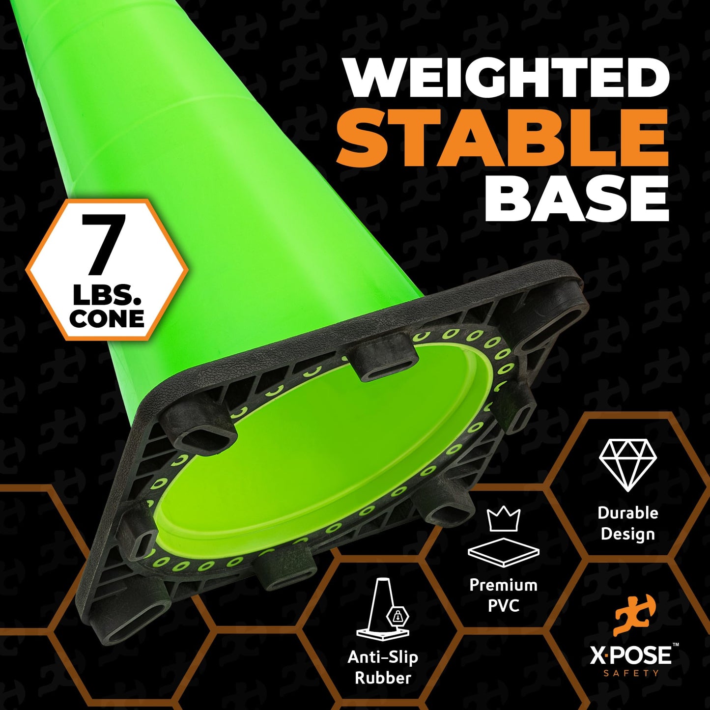 Xpose Safety 28” Lime Green Traffic Cone - 6 Pack - Premium PVC Safety Cone for Parking, Caution, Construction, Road Crews, Emergency Vehicle - DOT Approved