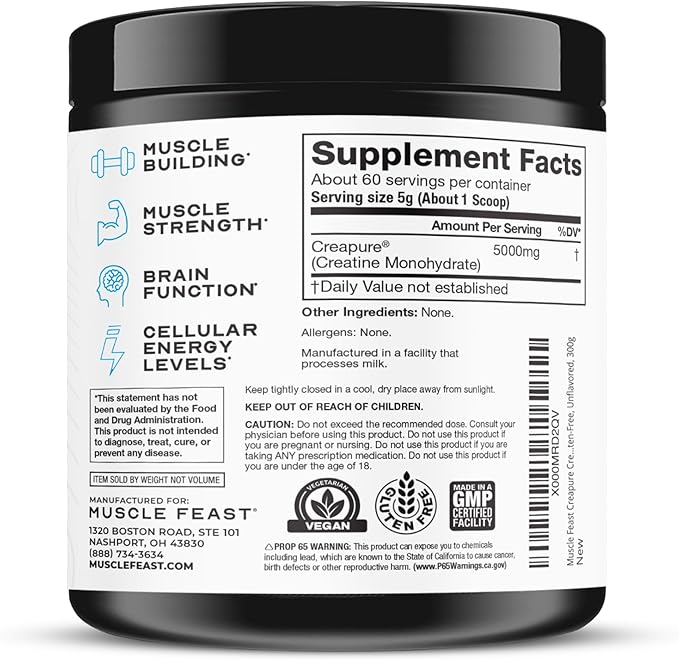 Muscle Feast Creapure Creatine Monohydrate Powder, Vegan Keto Friendly Gluten-Free, Mass Gainer, Muscle Recovery Supplement and Trusted Creatine for Muscle Growth, Creatine Powder, Unflavored, 300g