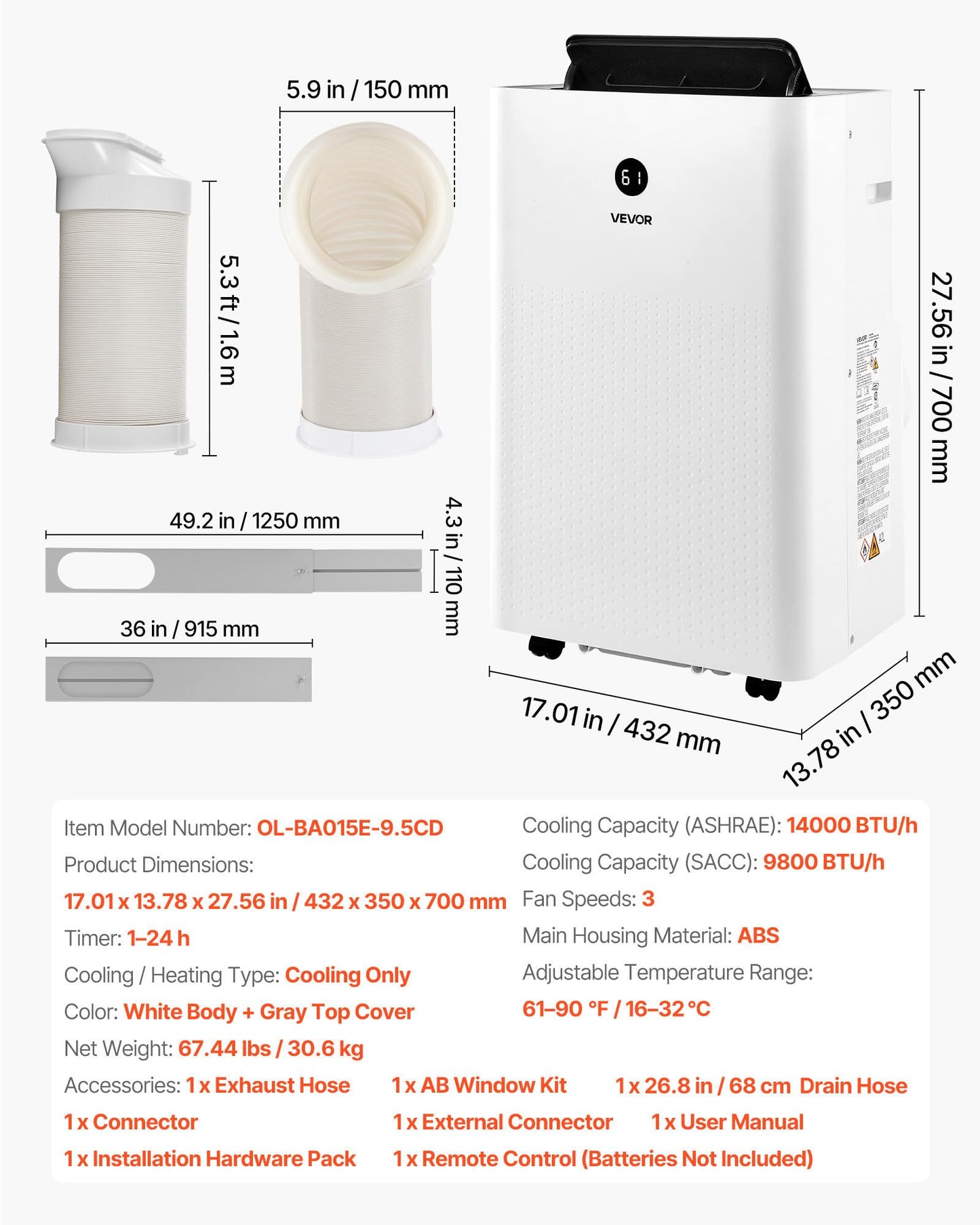 VEVOR Portable Air Conditioner, 14000 BTU ASHRAE (9800 BTU SACC) 4-in-1 Standing Cooling Ac Unit, LED Touch Panel & Remote Control, 24h Timer, Cooling, Dehumidifier, Fan, Sleep Mode for Room Indoor