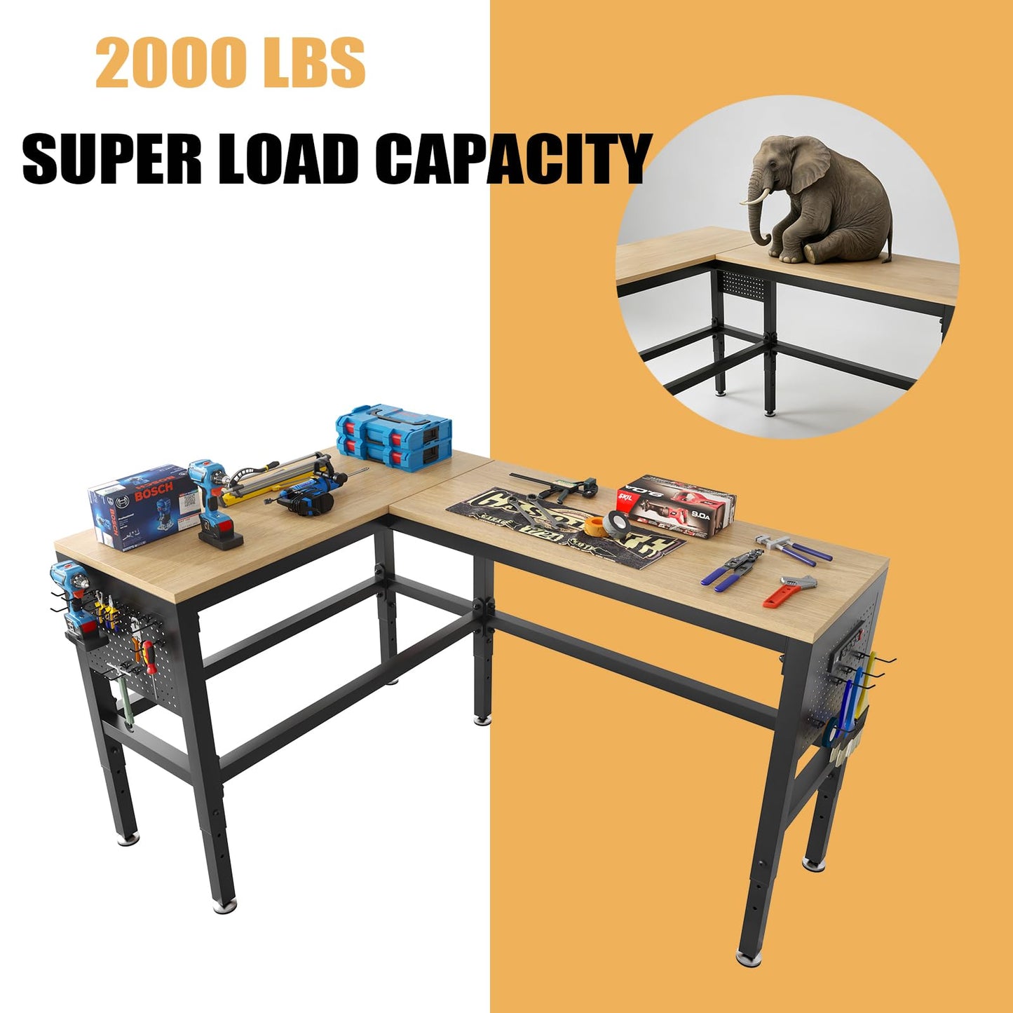 64" Heavy Duty L-Shaped Workbench with Power Outlets & Pegboard - 2000 LBS Capacity Adjustable Height Work Table for Garage, Workshop, Crafting - Matte Black & Hardwood (64"x48")