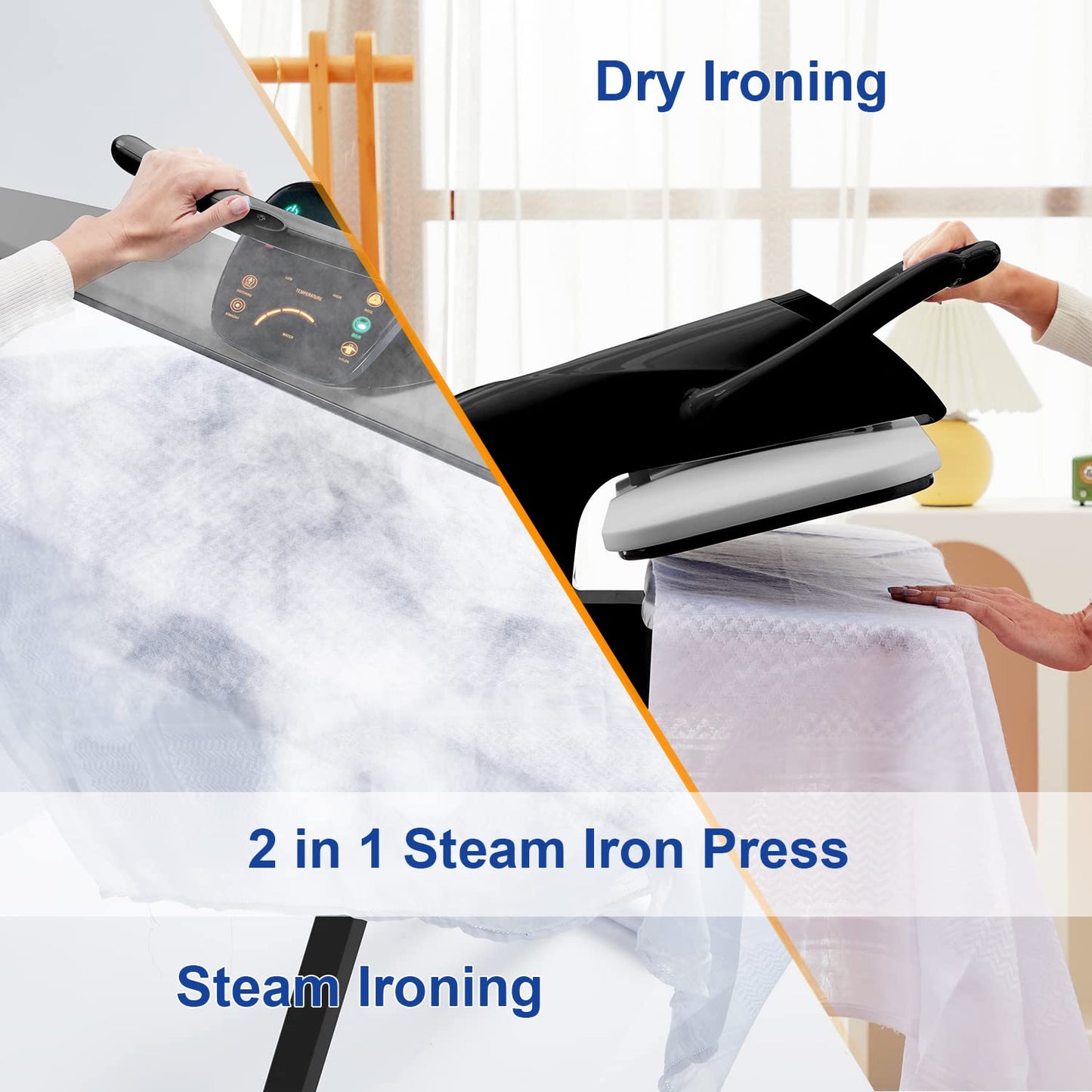 42" Large Steam Iron Press with LED Touch Screen, 1800W Steam Press with 5 Fabric Settings Language Conversion and Voice Prompts, Iron Press with Spray Bottle and Press Pad for Home Business