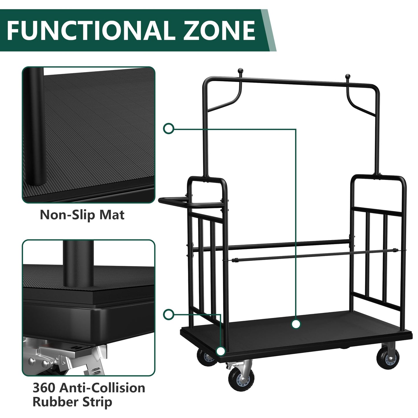 Luggage Cart with Wheels,1100LBS Heavy-Duty Luggage Trolley & Hand Truck,360° Silent Wheels with Anti-Collision Strip,Platform Dolly for Hotel Bellman,Airport and Resort Use