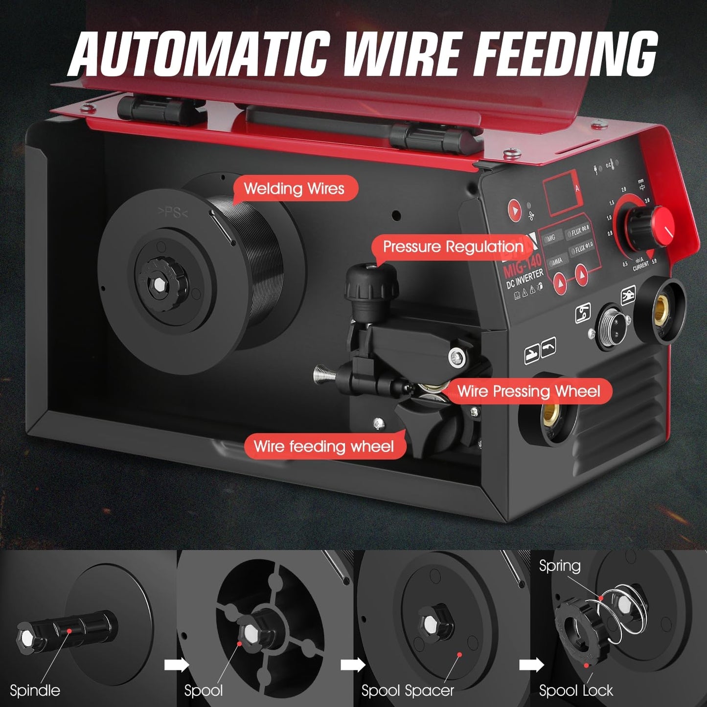 DNA Motoring 140A Portable MIG Welder, 110V Flux Core Welder, 2-in-1 Stick MMA/Flux MIG Welding Machine IGBT Inverter, Automatic Wire Feeding Welder Machine, w/LED Digital Display, TOOLS-00714-RD