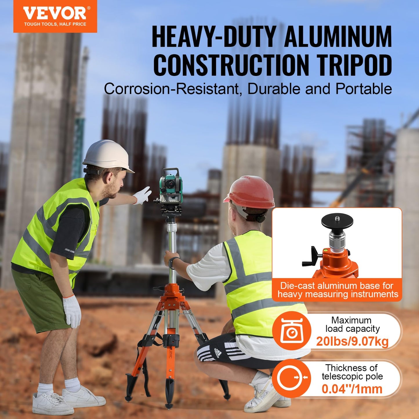 VEVOR Laser Level Tripod Stand, 5/8"-11 Thread Mount, 27.16-67.71 inch Height Adjustment Heavy Duty Survey Tripod, with Level Bubble & Diffusion Limiter, Liftable Non-Skid Feet for Construction