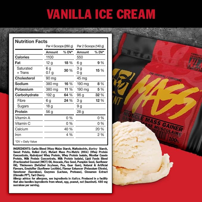 Mutant Mass Weight Gainer Protein Powder ??Build Muscle Size and Strength with 1100 Calories ??56 g Protein ??26.1 g EAAs ??12.2 g of BCAAs ??15 lbs with 24 Servings ??Cookies & Cream