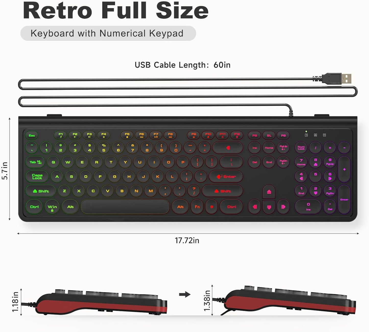 Dilter 7 8 10 11 USB Wired Computer Keyboard with Backlit - Full Size Office Keyboard with Number Pad, Caps Indicators