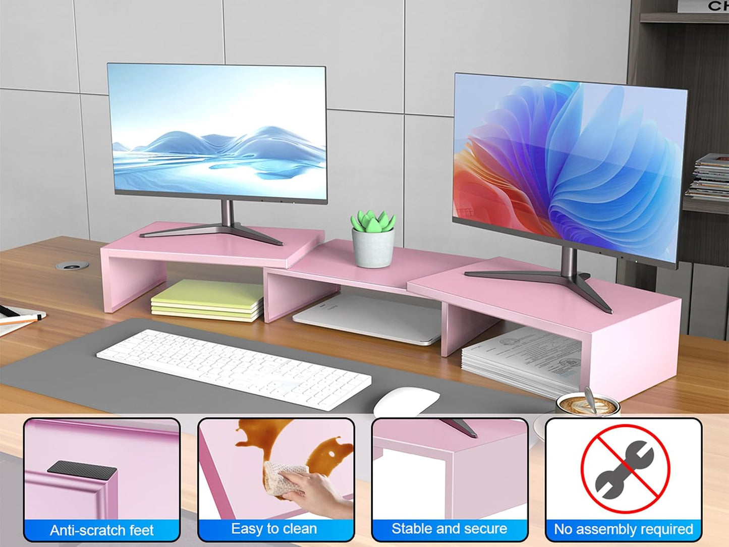 Desk Organizers and Accessories, Dual Monitor Stand Riser, Monitor Desk Shelf for Desktop Organization (Pink)