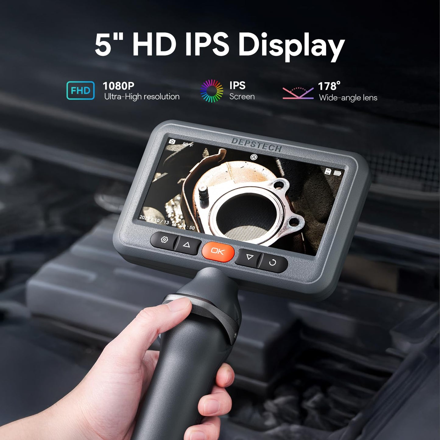 DEPSTECH Dual Lens Borescope Camera with Light, Two-Way Articulating Borescope, 5" IPS Dual View Endoscope with 0.33in Slim Probe, 1080P Waterproof Inspection Camera for Wall Auto Engine Inspect-5FT