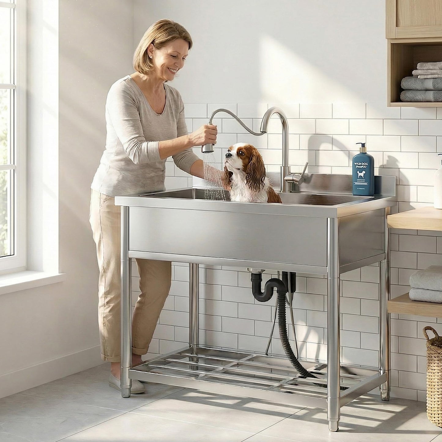 GGW Stainless Steel Large Utility Sink Single Bowl, Freestanding Laundry Sink with Pull-Out Faucet, Utility Sink for Laundry Room, Garage, Kitchen, Outdoor/Indoor Use, W35.4" x D22.4" x H37"