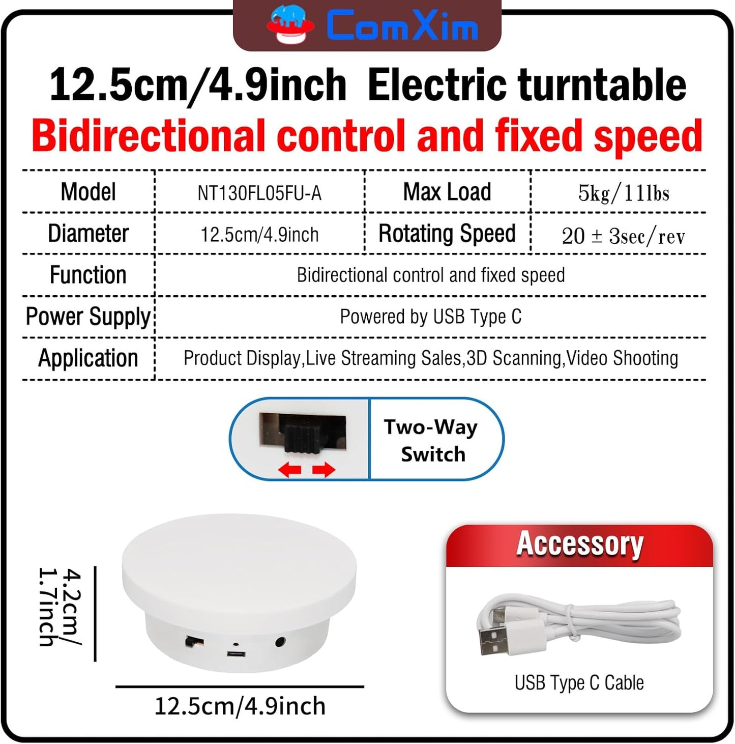 5.1in/11lbs, 360 Tumbler(13cm Motorized Rotating Display Stand Cup Display Turner, Photography Turntable for Tumbler