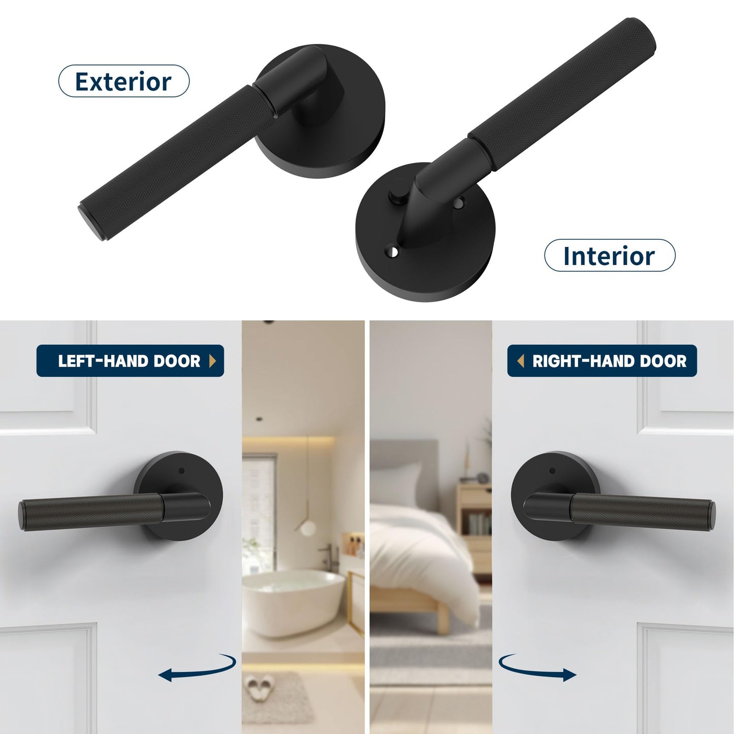 Zylaria 6 Pack Privacy Matte Black Door Lever Handle, Keyless Bedroom Bathroom Lock, Anti-Slip Knurled Grip, Fits Left/Right Hand Doors