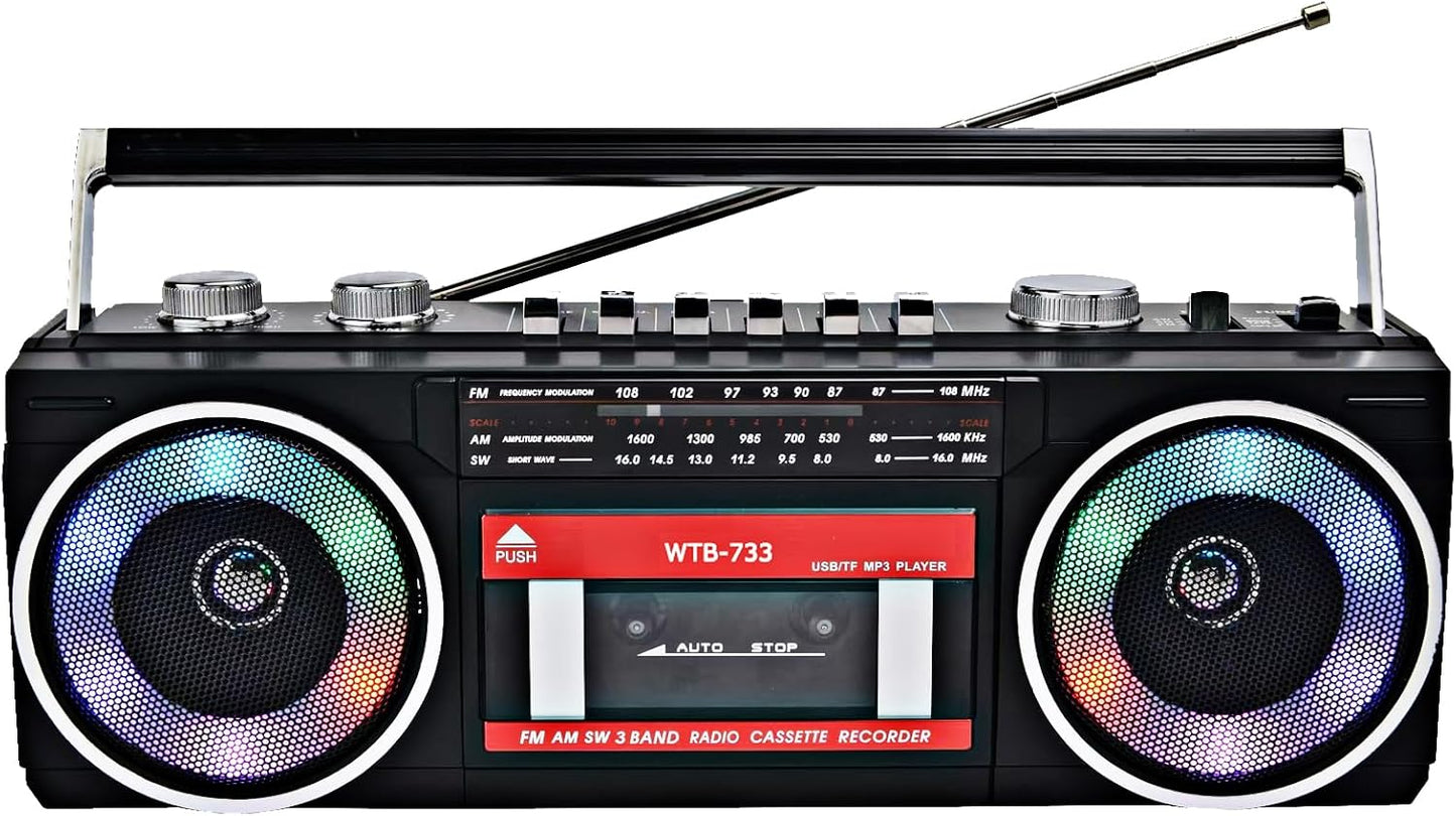 WISCENT 80's Cassette Retro Player Recorder with AM/FM/SW Radio, Bluetooth Boombox, USB, Built-in MIC for Voice