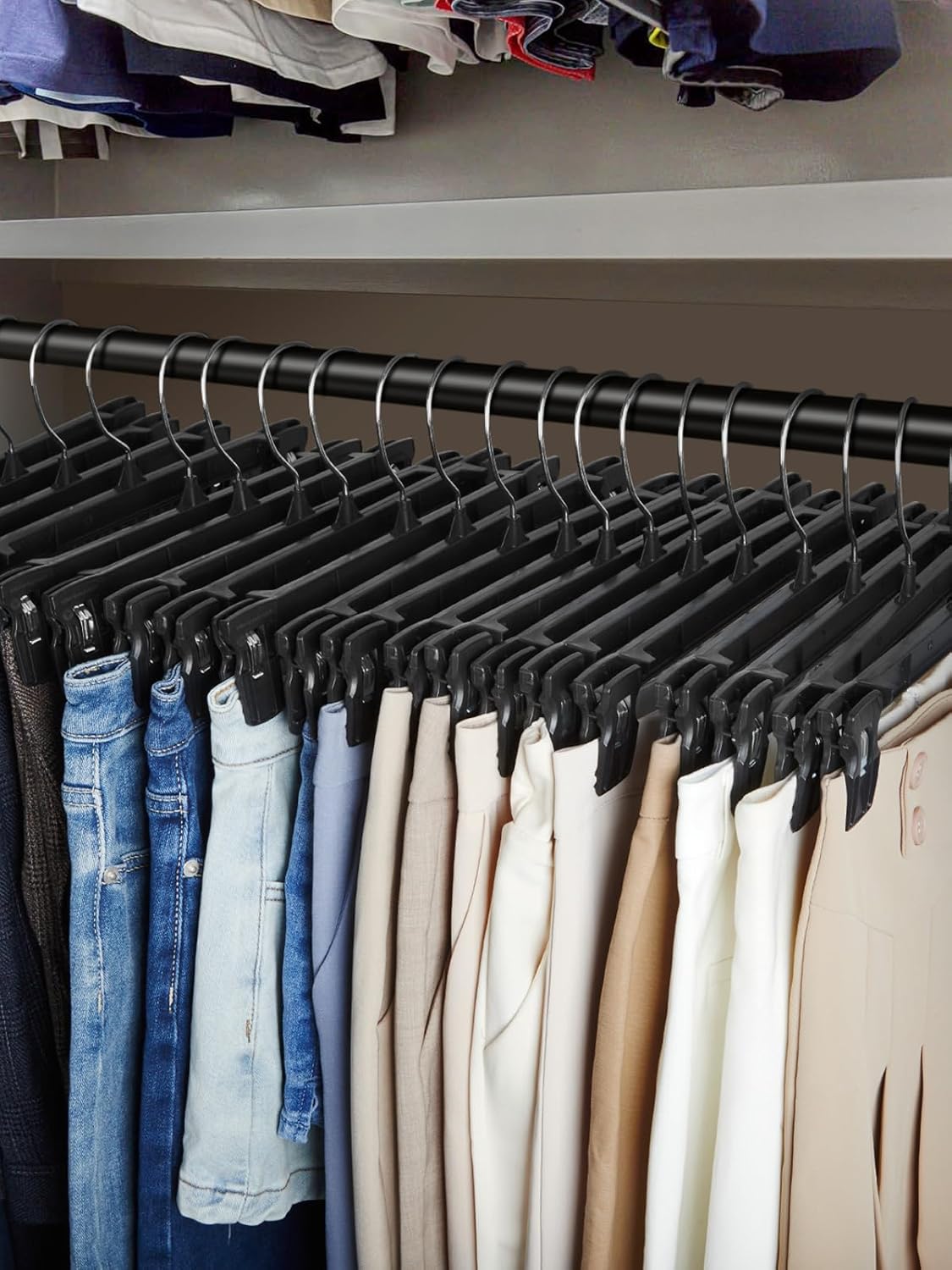 Smartor Pants Hangers - 30 Pack Heavy-Duty Black Clips with 360° Hooks for Shorts, Trousers & Jeans | 12 Inch