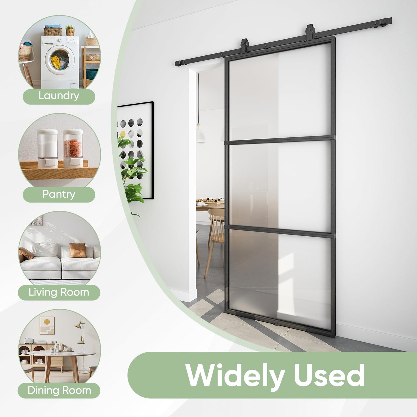 BARNSMITH 34in x 84in Frosted Glass Barn Door with 5.7FT Top Mounted Hardware kit Include Soft Close Mechanism Black Carbon Steel Tempered Frosted Glass Sliding Door, Easy Assembly