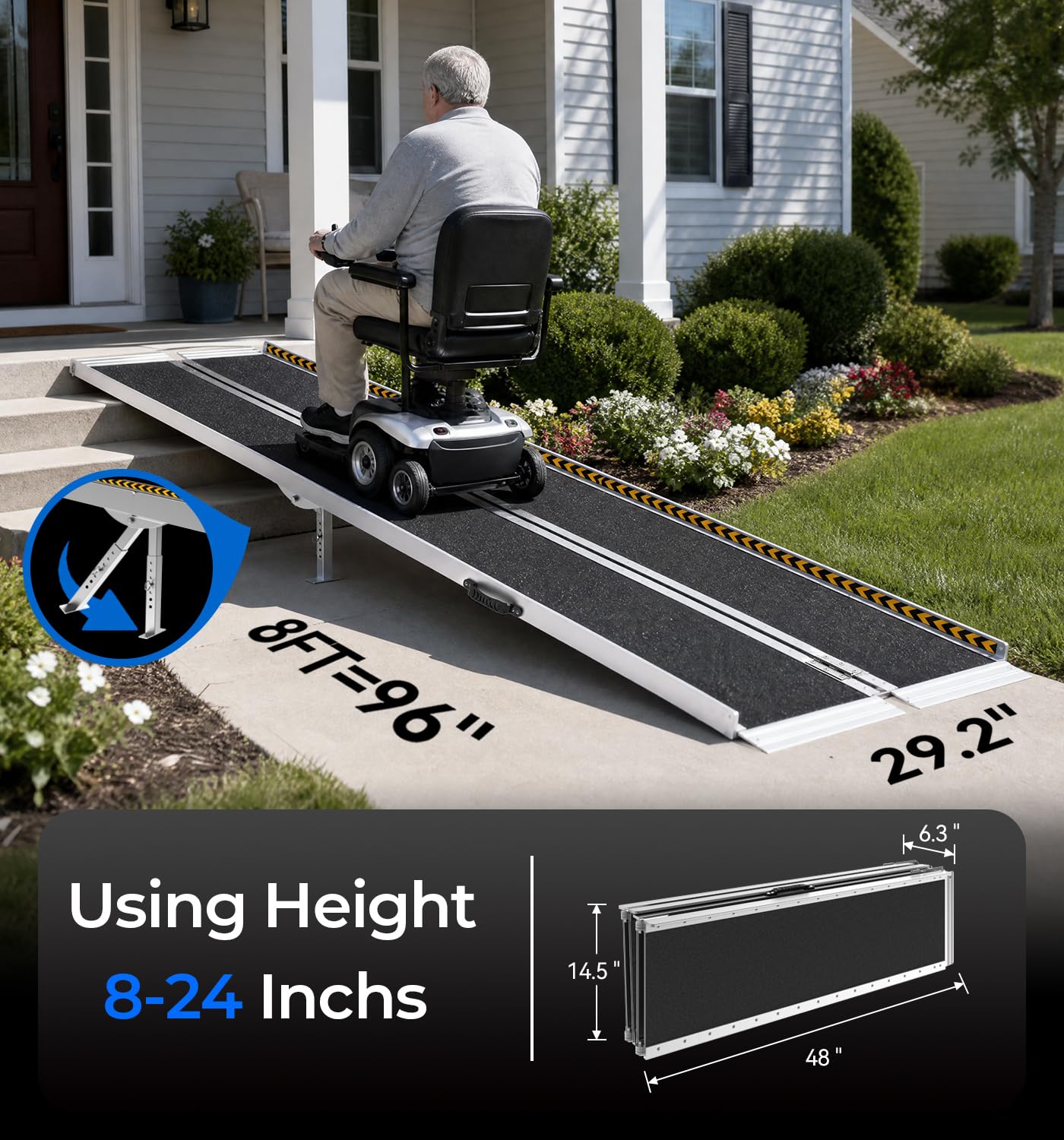KOLOTOOL Portable Wheelchair Ramp 8FT with Support Legs, Anti-Slip Aluminum Wheelchair Ramps for Home Steps, Threshold & Doorways, Durable Handicap Ramp for Wheelchairs & Scooters 96" L x 29.2" W