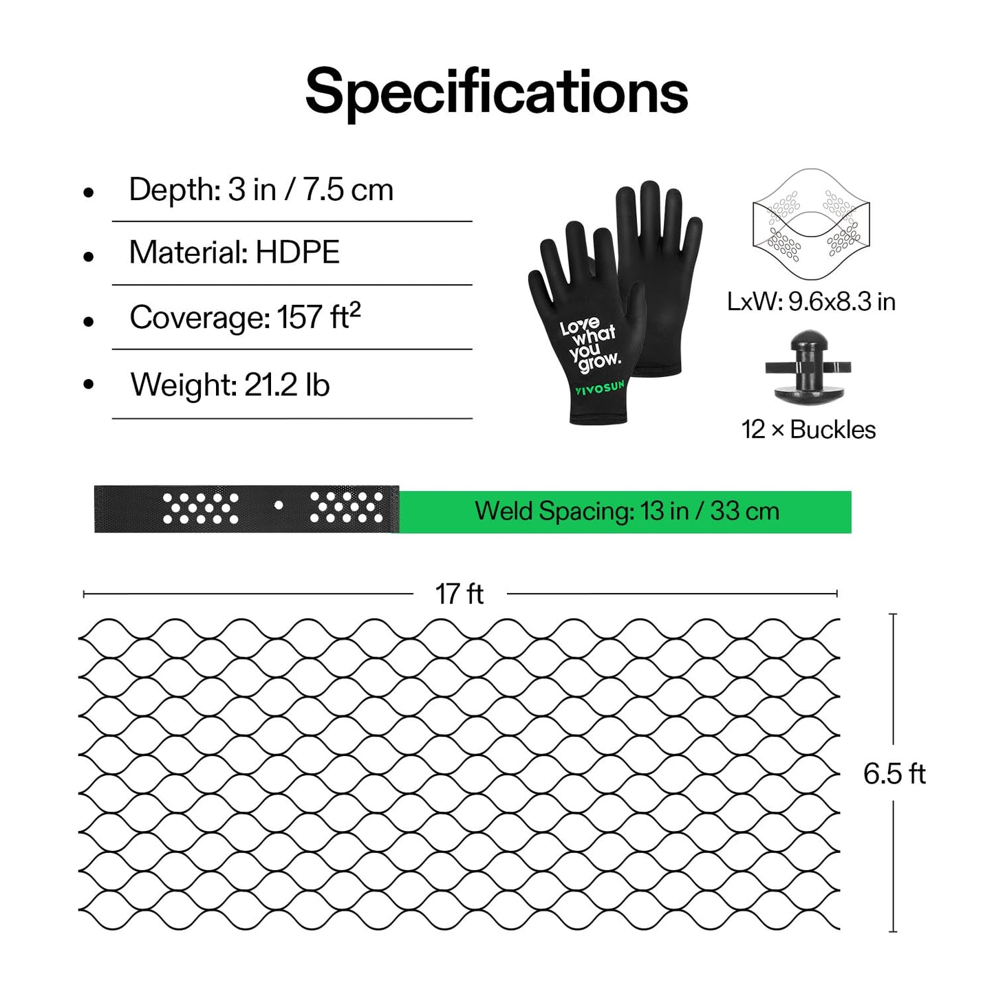VIVOSUN 3’’ Depth Ground Grid, 6.5 x 17 ft, High-Density HDPE Geo Cell, 1885 lb per sq ft Load, Foldable & Tensile, Easy Installation with Gloves, Ideal for Gardens, Driveways, Pathways, Slopes
