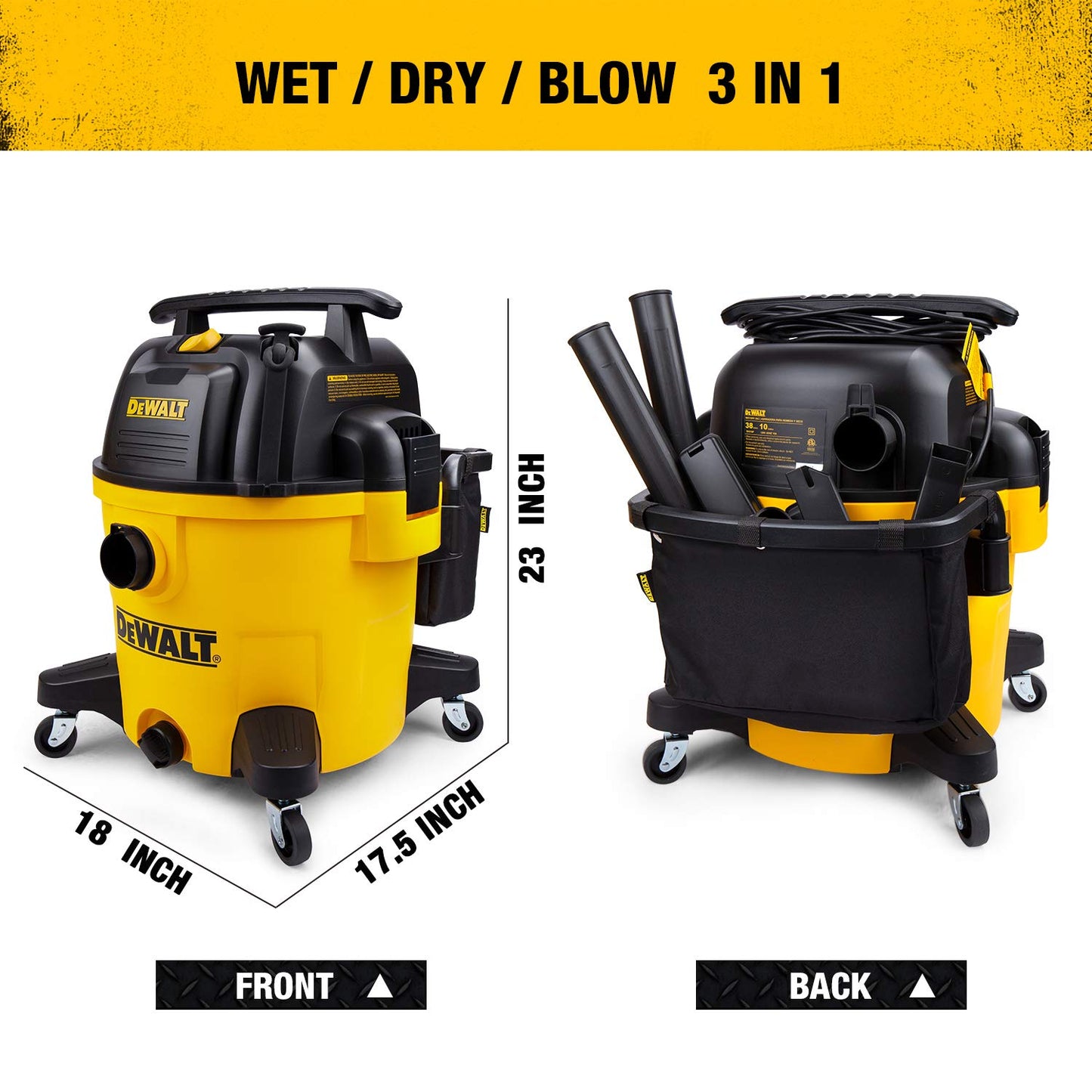 DEWALT 10 Gallon Poly Wet Dry Vacuum, 5.5 HP Shop Vacuum 120V 90 CFM for Jobsite, Work Shop, Comerical Area, Garage/Warehouse etc, 10 Ft Cord Model DXV10P